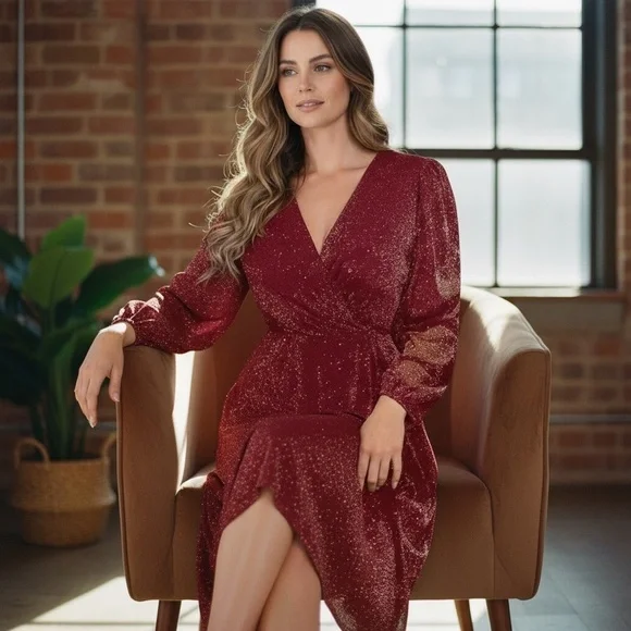 Women’s V-Neck Cinched Waist A-line Dress - Picture 2 of 9